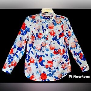 Talbots Petite Womens PXS White Multi Roses Ruffle Collar Roll Tab Sleeves Shirt
